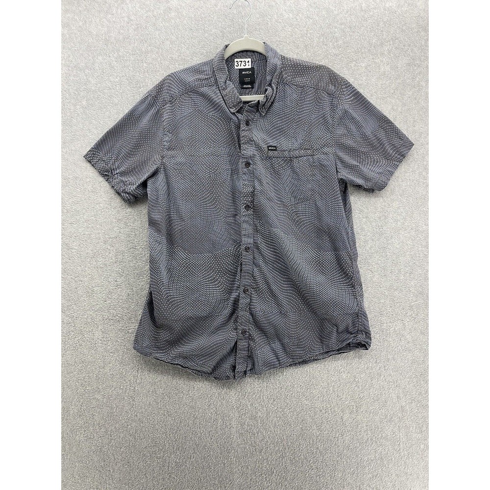 RCVA Men’s Button Down Short Sleeve Size Large Gray Blue Cotton Blend Slim Fit